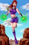  1girl alien amanooni_touri amputee boots cartoon_network cloud clouds dc_comics female flying green_eyes long_hair midriff miniskirt open_mouth purple_shirt purple_shoes purple_skirt red_hair redhead shirt skirt solo starfire tank_top tanktop teen_titans thigh_boots thighhighs wristband yokkora 