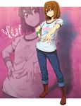  bad_id bad_pixiv_id blush boots brown_eyes brown_hair casual denim earrings hirasawa_yui jeans jewelry k-on! listen!! pants pirano short_hair smile solo zoom_layer 