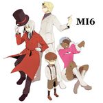  3boys april_(darker_than_black) august_7 blonde_hair blue_eyes blue_hair boots bow bowtie cabbie_hat cigarette dark_skin darker_than_black formal fur gloves hat hat_removed headwear_removed july_(darker_than_black) leghorn looking_back multiple_boys necktie november_11 one_eye_closed short_hair sitting suit suspenders top_hat trench_coat white_hair yellow_eyes 