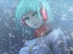  alternate_hair_length alternate_hairstyle aqua_eyes aqua_hair glowing hatsune_miku headphones menou_kururu psycho-puzzle short_hair smile snow solo upper_body vocaloid 