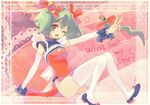  ;d ahoge ai-kun arm_support bangs blue_footwear bow breasts detached_sleeves dress eyebrows_visible_through_hair flower food food_print frills fruit green_hair hair_flower hair_ornament hair_ribbon highres itou_noiji knees_together_feet_apart leaning_back looking_at_viewer macross macross_frontier microdress one_eye_closed open_mouth outside_border outstretched_arm peach pelvic_curtain pink_flower ranka_lee red_dress red_eyes red_ribbon ribbon shoes short_hair sitting small_breasts smile song_name star thighhighs v white_bow white_legwear wrist_cuffs wrist_ribbon 