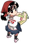  bandana baseball_uniform basket black_hair blush cabbage clothes_writing looking_back mitsumoto_jouji original red_eyes skirt solo sportswear 