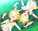  1girl bad_id bad_pixiv_id blonde_hair brother_and_sister from_above grass holding_hands kagamine_len kagamine_rin laughing lying nail_polish on_back short_hair siblings smile twins vocaloid yellow_nails yuuno_(yukioka) 