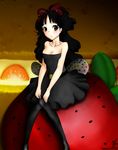  akiyama_mio black_hair breasts brown_eyes casual food fruit highres k-on! listen!! long_hair medium_breasts pantyhose solo strawberry twintails 