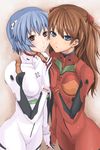  ayanami_rei blue_eyes blue_hair blush bodysuit breast_press breasts brown_hair hands holding_hands long_hair medium_breasts multiple_girls neon_genesis_evangelion plugsuit red_eyes short_hair skin_tight souryuu_asuka_langley symmetrical_docking tawara_hiryuu white_bodysuit 