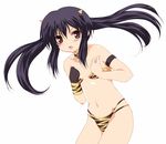  animal_print armband bee_(artist) bikini black_hair brown_eyes choker fang flat_chest gloves horns k-on! long_hair nakano_azusa oni solo swimsuit tiger_print 