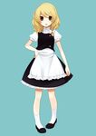  apron bad_id bad_pixiv_id blonde_hair blue_background braid brown_eyes buttons dress flats hagihara_asami hand_on_hip highres kirisame_marisa kneehighs no_hat no_headwear open_mouth petticoat pigeon-toed shoes short_hair short_sleeves single_braid socks solo touhou yellow_eyes 