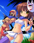  1girl brown_hair fundoshi japanese_clothes kurogarasu mask ninja red_eyes sarashi scarf sekaiju_no_meikyuu sekaiju_no_meikyuu_3 shinobi_(sekaiju) short_hair thighhighs 