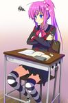  blue_eyes bow desk hogi little_busters! long_hair pink_bow plaid plaid_skirt purple_hair saigusa_haruka school_uniform side_ponytail skirt solo striped striped_legwear thighhighs 