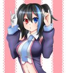  bad_id bad_pixiv_id black_hair blue_eyes blue_neckwear detached_sleeves fox_shadow_puppet gloves heterochromia highres navel necktie red_eyes saito_katuo single_glove solo twintails utau yokune_ruko 