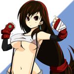  1girl breasts brown_hair earrings elbow_gloves female final_fantasy final_fantasy_vii fingerless_gloves gloves jewelry kasetsu long_hair midriff red_eyes solo suspenders tank_top tanktop tifa_lockhart under_boob underboob 