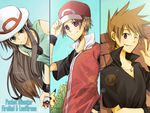  2boys alternate_costume bad_id bad_pixiv_id bare_shoulders baseball_cap blue_(pokemon) blue_eyes brown_eyes brown_hair column_lineup english gen_1_pokemon grin happy hat hat_tip holding holding_poke_ball jewelry leaning_forward lens_flare long_hair multiple_boys nauchi necklace one_eye_closed ookido_green pikachu poke_ball pokemon pokemon_(creature) pokemon_(game) pokemon_frlg popped_collar porkpie_hat red_(pokemon) red_(pokemon_frlg) red_eyes smile spiked_hair wristband 