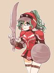  1girl armor blue_eyes capcom crossover female final_fantasy final_fantasy_vi green_hair helmet hermitaur_(armor) long_hair miniskirt monster_hunter ponytail rurukomameme shield simple_background skirt solo sword tina_branford weapon 