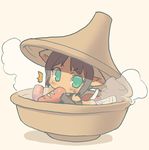  1girl animal_ears bad_id bad_pixiv_id biting blade_(galaxist) bowl brown_hair food green_eyes hotpot in_bowl in_container in_food lowres minigirl original sausage simple_background solo steam tail 