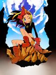  1girl adjusting_hair blonde_hair blue_eyes boots cartoon_network cloud clouds dc_comics female gloves goggles goggles_on_head long_hair long_sleeves nobumichi rock shorts sitting sky solo teen_titans terra_(dc) wink 