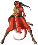  1girl black_hair boots breasts cleavage coat demon_tail female full_body genderswap hellboy hellboy_(comic) large_breasts long_hair open_clothes open_coat qoere red_skin shorts solo tail trench_coat trenchcoat white_background yellow_eyes 