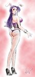  animal_ears ass breasts bunny_ears corset fishnets from_behind high_heels long_hair purple_hair red_eyes sideboob solail_(faya) tail 