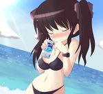  bikini black_hair blush can closed_eyes drunk kuronekogata long_hair original solo swimsuit twintails watch wristwatch 