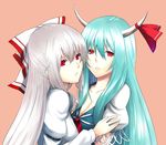  aqua_hair breasts cleavage couple ex-keine fujiwara_no_mokou hime_cut hiroya_juuren horn_ribbon horns hug kamishirasawa_keine long_hair medium_breasts multiple_girls red_eyes ribbon silver_hair simple_background touhou upper_body yuri 