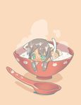  animal_ears bad_id bad_pixiv_id blade_(galaxist) bowl brown_hair food green_eyes in_bowl in_container in_food minigirl original simple_background solo steam sweat tail wet 