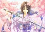  brown_eyes brown_hair cherry_blossoms japanese_clothes kara_no_kyoukai katana kimono lilithbloody ryougi_shiki solo sword weapon 
