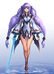  bad_id bad_pixiv_id blue_eyes full_body lapucelle_(arasoo1210) long_hair original purple_hair ribbon solo standing sword water weapon 