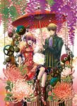  1girl bad_id bad_pixiv_id bun_cover china_dress chinese_clothes colorful dress eriyama flower gears gintama hair_bun highres holding holding_umbrella kagura_(gintama) lace okita_sougo open_mouth oriental_umbrella purple_eyes red_hair shared_umbrella smile umbrella uniform 