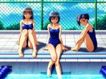  anegasaki_nene bad_feet barefoot black_hair breasts brown_eyes brown_hair chain-link_fence cleavage competition_school_swimsuit day drain_(object) fence kobayakawa_rinko lane_line large_breasts legs love_plus mole mole_under_eye multiple_girls one-piece_swimsuit outdoors pool poolside school_swimsuit shian_(my_lonly_life.) sitting soaking_feet swimsuit takane_manaka 