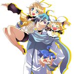  2girls ahoge aqua_eyes blonde_hair blue_hair blue_scarf chibi hair_ribbon highres holding kagamine_rin kaito multiple_boys multiple_girls ribbon sachirou scarf short_hair smile vocaloid 