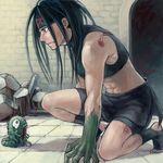  androgynous bare_shoulders black_hair dual_persona envy_(fma) fullmetal_alchemist headband hexagram kneeling long_hair male_focus midriff monster mukuo muscle ouroboros purple_eyes rubble skort socks spoilers tattoo tears 