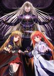  bad_id bad_pixiv_id bardiche black_wings blonde_hair blue_eyes brown_hair fate_testarossa fingerless_gloves gloves highres holding_hands lyrical_nanoha mahou_shoujo_lyrical_nanoha multiple_girls multiple_wings raising_heart red_eyes reinforce takamachi_nanoha thighhighs tom_(1art.) twintails wings 