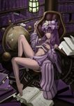  bad_id bad_pixiv_id barefoot bespectacled book bookmark bookshelf breasts censored control5 convenient_censoring crescent feet glasses globe hat highres indoors legs library long_hair magic_circle medium_breasts nude open_clothes patchouli_knowledge purple_hair ribbon sleeping solo striped touhou underboob voile 