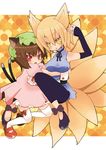  animal_ears bad_id bad_pixiv_id blonde_hair brown_hair cat_ears cat_tail chen dress fox_ears fox_tail hat marshmallow_mille multiple_girls multiple_tails red_eyes short_hair striped tail thighhighs touhou unmoving_pattern vertical-striped_dress vertical_stripes yakumo_ran yellow_eyes 