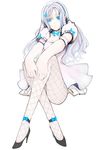  blue_eyes copyright_request crossed_legs elbow_gloves fishnet_pantyhose fishnets gloves legs long_legs pale_skin pantyhose pupps simple_background sitting solo thighs white_hair 