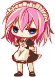  achiba apron bangs blue_eyes chibi cuffs dress fairy_tail lowres maid maid_headdress mary_janes pink_hair shoes short_hair solo thighhighs virgo_(fairy_tail) 