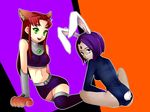  2girls animal_ears ass bare_shoulders bindi bunny_ears bunny_tail cartoon_network cat_ears cat_paws cat_tail dc_comics erect_nipples female green_eyes leotard long_hair looking_back midriff miniskirt multiple_girls nobumichi open_mouth paws purple_eyes purple_hair raven_(dc) red_hair redhead short_hair sitting skirt starfire tail tank_top tanktop teen_titans thigh-highs thighhighs violet_eyes 