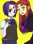  2girls alternate_costume bindi cartoon_network dc_comics female green_eyes grey_skin long_hair multiple_girls nobumichi purple_eyes purple_hair raven_(dc) red_hair redhead school_uniform short_hair starfire sweater_vest teen_titans uniform violet_eyes 