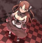 black_footwear black_hair blush board_game bow braid breasts brown_eyes brown_hair checkered checkered_floor chess cleavage corset detached_collar detached_sleeves dress from_above full_body glasses gothic headdress hoshina_tomoko large_breasts long_hair looking_at_viewer semi-rimless_eyewear shinozuka_atsuto shoe_bow shoes skirt skirt_pull solo standing sweat to_heart twintails 