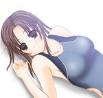  brown_eyes brown_hair competition_swimsuit dutch_angle kawada_tomoko kimi_kiss lying on_back one-piece_swimsuit shio single_vertical_stripe smile solo swimsuit 