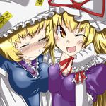  asymmetrical_docking blonde_hair breast_press breasts gengorou large_breasts lowres multiple_girls touhou yakumo_ran yakumo_yukari 