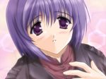  :o bangs close-up comic_party eyebrows eyebrows_visible_through_hair face game_cg haga_reiko hand_on_own_chest jacket mitsumi_misato parted_lips purple_eyes purple_hair short_hair solo teeth upper_body 