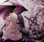  angel angel_and_devil ass_grab black_hair blonde_hair blue_eyes cross demon_girl demon_wings hug long_hair multiple_girls nude original red_eyes tsukiishi wings 