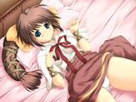  artist_request bed blue_eyes blush brown_hair game_cg hair_ribbon long_hair looking_at_viewer lovelaby lying neck_ribbon on_back on_bed panties rebecca_holdey ribbon skirt solo twintails underwear very_long_hair wide_sleeves 