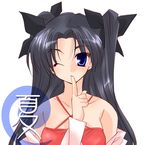  ;) artist_request bare_shoulders black_hair blue_eyes blush collarbone criss-cross_halter fate/stay_night fate_(series) finger_to_mouth hair_ribbon halter_top halterneck long_hair looking_at_viewer one_eye_closed ribbon shushing simple_background smile solo toosaka_rin two_side_up upper_body very_long_hair white_background 