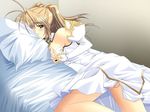  artist_request bed blonde_hair breasts green_eyes jpeg_artifacts long_hair lovelaby masturbation medium_breasts ponytail self_fondle solo swee_tiey_caramelize 