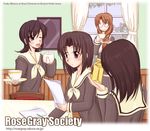  bad_anatomy black_hair blush braid brown_hair character_name character_request cup curtains flipped_hair gift glasses indoors kurumi_chimari long_sleeves looking_at_viewer maria-sama_ga_miteru mizuno_youko multiple_girls one_eye_closed open_mouth paper pencil school_uniform serafuku super_rosa_gigantea teacup teapot wainscoting window 