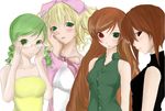  blonde_hair bow brown_hair chemical-x green_eyes green_hair hat heterochromia hina_ichigo kanaria long_hair multiple_girls older pink_bow rozen_maiden short_hair siblings sisters souseiseki suiseiseki twins 