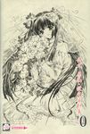  bride carnelian dress flower highres kao_no_nai_tsuki kuraki_suzuna long_hair monochrome sketch solo thighhighs wedding_dress yellow 