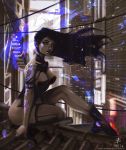  1girl alternate_costume architecture aura bare_shoulders black_footwear black_hair blue_eyes breasts building cleavage commentary_request east_asian_architecture large_breasts long_hair marvel parted_lips psylocke rooftop sitting sky skyscraper taiss14 tattoo x-men 