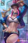  1girl akali bare_shoulders baseball_cap belt blue_eyes blue_jacket bracelet breasts choker cleavage collar crop_top earrings fingerless_gloves gloves hand_on_hip hat holding holding_weapon idol jacket jewelry k/da_(league_of_legends) k/da_akali league_of_legends long_hair looking_at_viewer microphone midriff nail_polish navel norman_de_mesa off_shoulder pink_hair ponytail solo spray_can tile_floor tiles toned weapon 